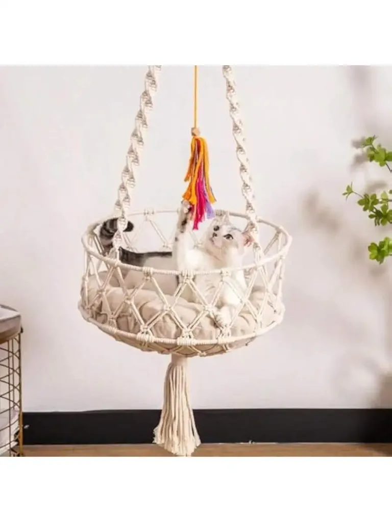 Hanging Macrame Cat Hammock Bed Cat Swing Bed Space Saving Window Perch with Washed Cotton Mat and Funny Cat Toy for Ind