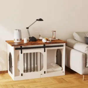 XXL Dog Crate Furniture,47.2 Inches White Kennel Furniture with Cushion Decorative Farmhouse Crate Indoor Thick Wooden Pet House